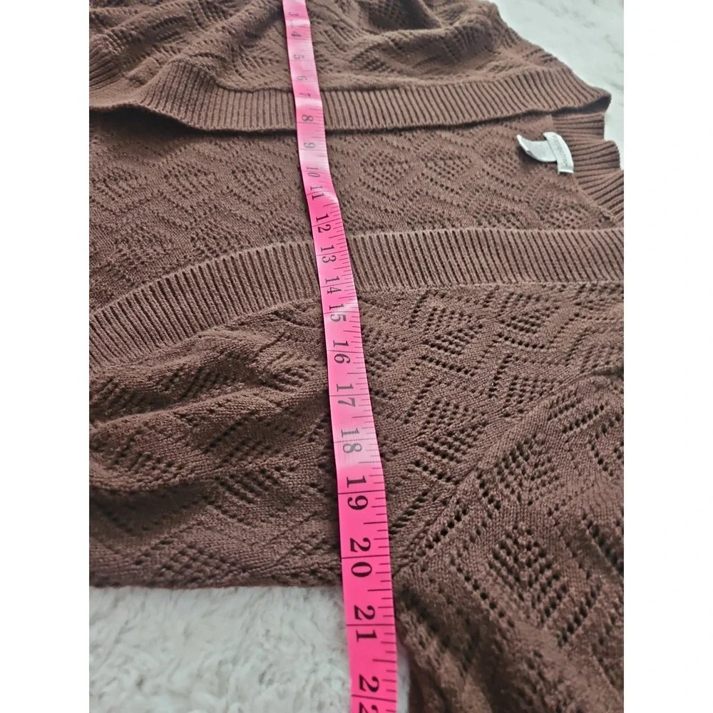 Worthington Cropped Cardigan Sweater XL Brown Open Front Pointelle Knit Cotton